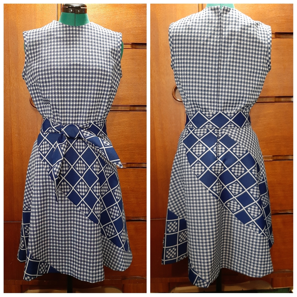 Vintage Navy Checkered Fit And Flare Dress